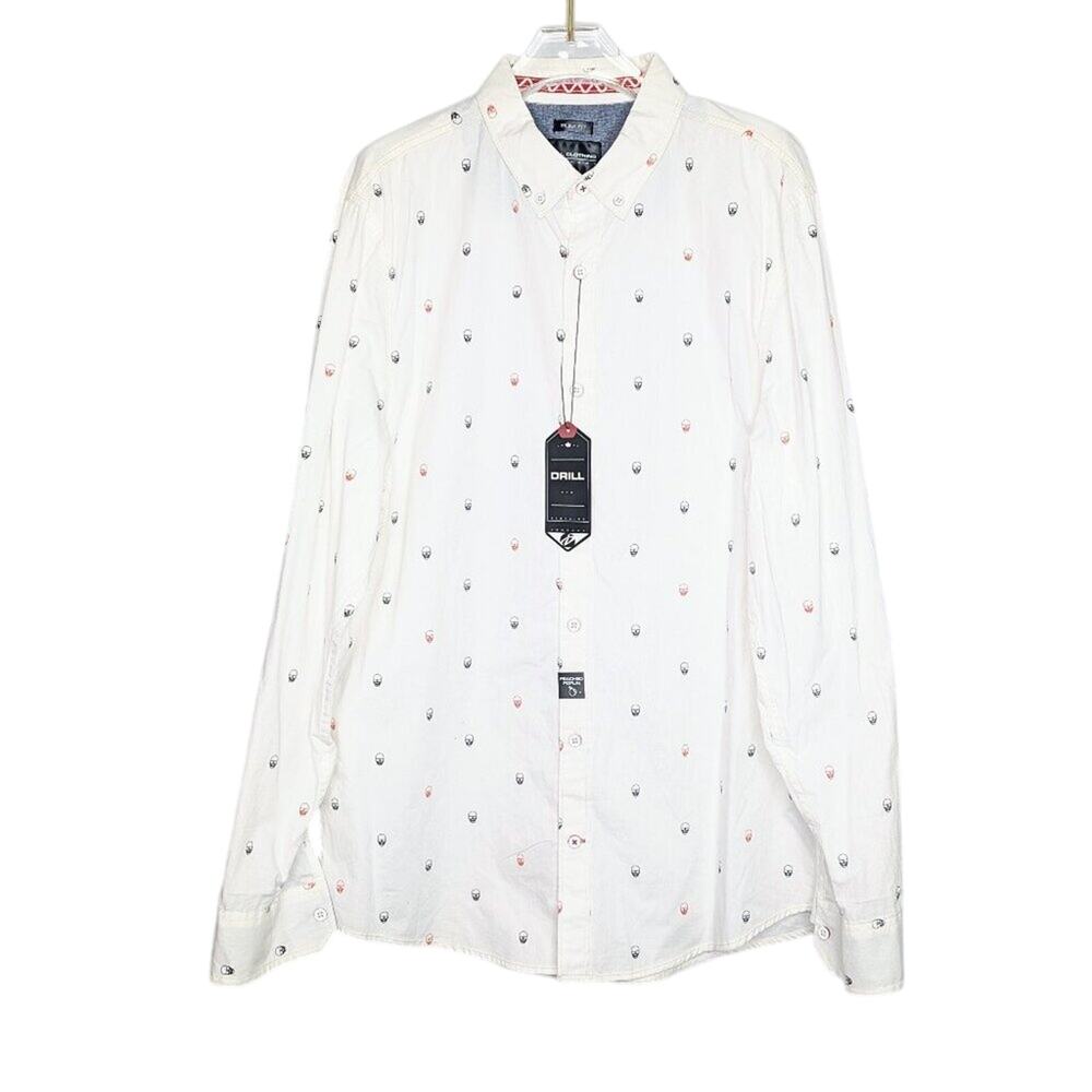 Drill Clothing Company White Button Up Shirt Skull With Sunglasses Pattern NWT